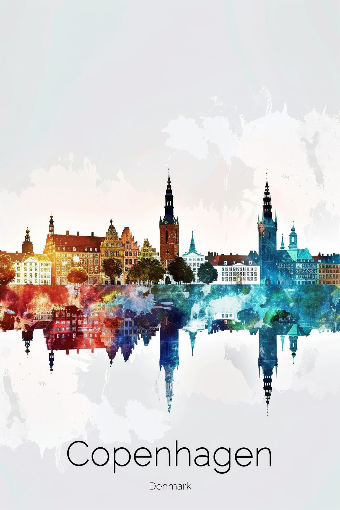 Copenhagen Denmark Watercolor Skyline Harbor Spires Evening Poster - Image 2