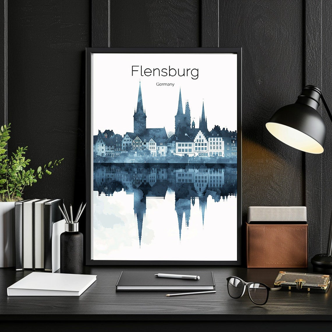 Flensburg Germany Blue Watercolor Harbor Reflection Night Poster