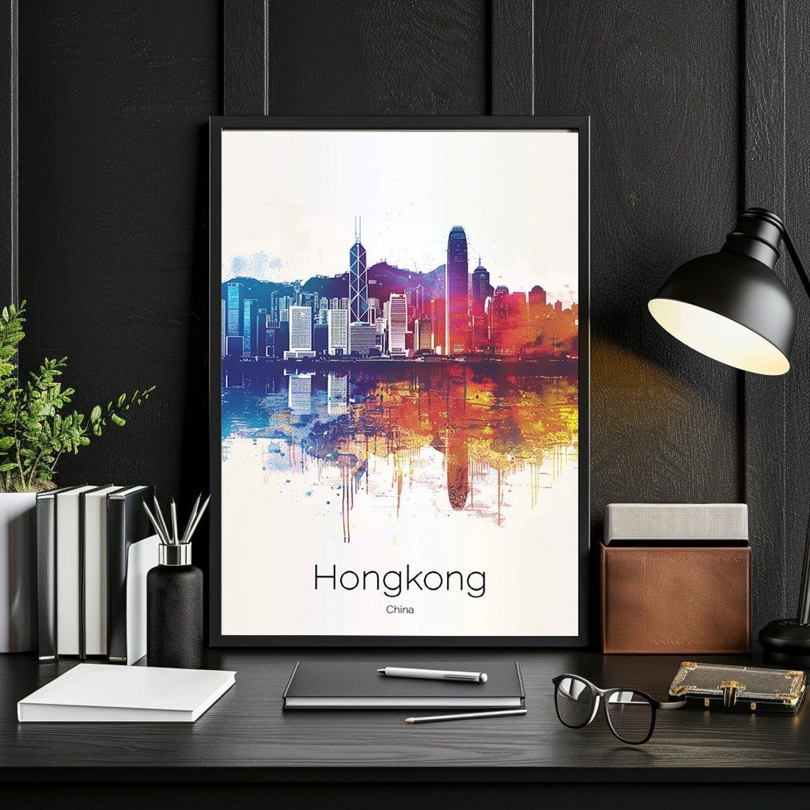 Hong Kong China Watercolor Skyline Harbor Victoria Dusk Poster