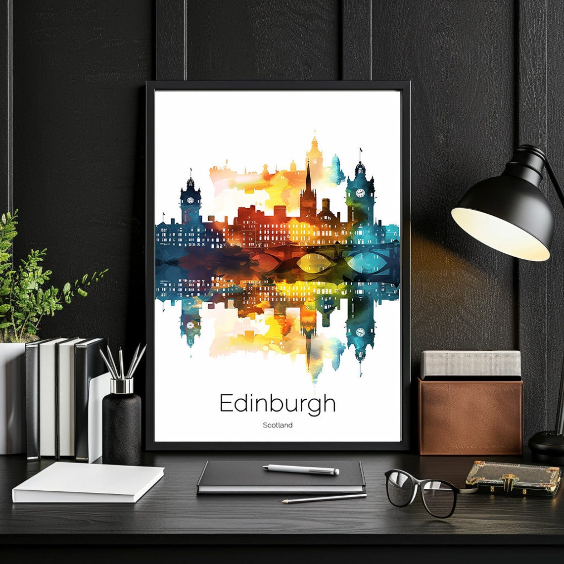 Edinburgh Scotland Watercolor Skyline Castle Town Silhouette Poster