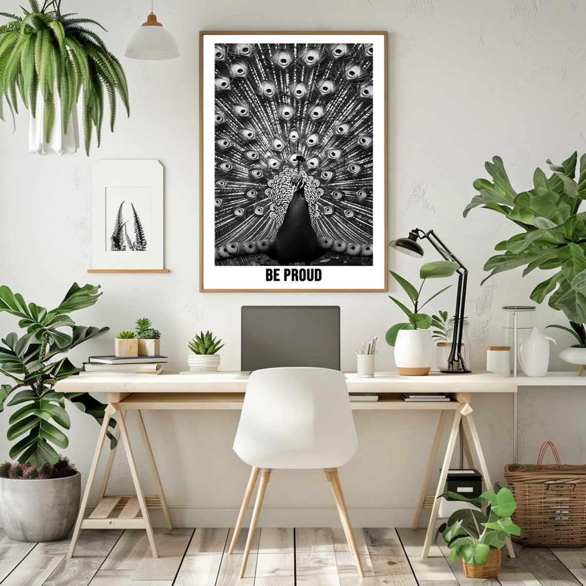 Proud Peacock With Fanned Tail Feathers Be Proud Black White Poster