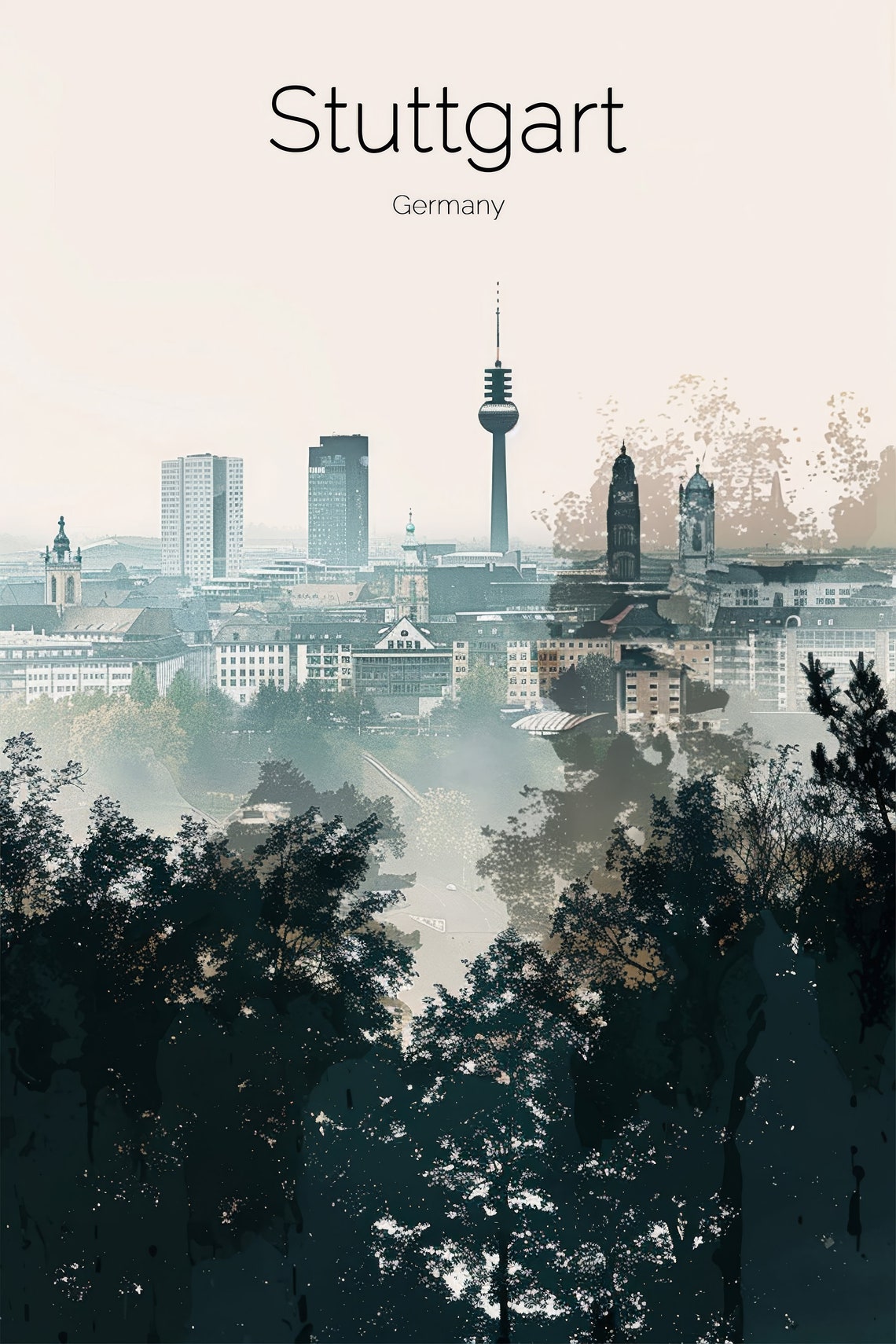 Stuttgart Germany TV Tower Grey Watercolor Forest Skyline Poster - Image 2