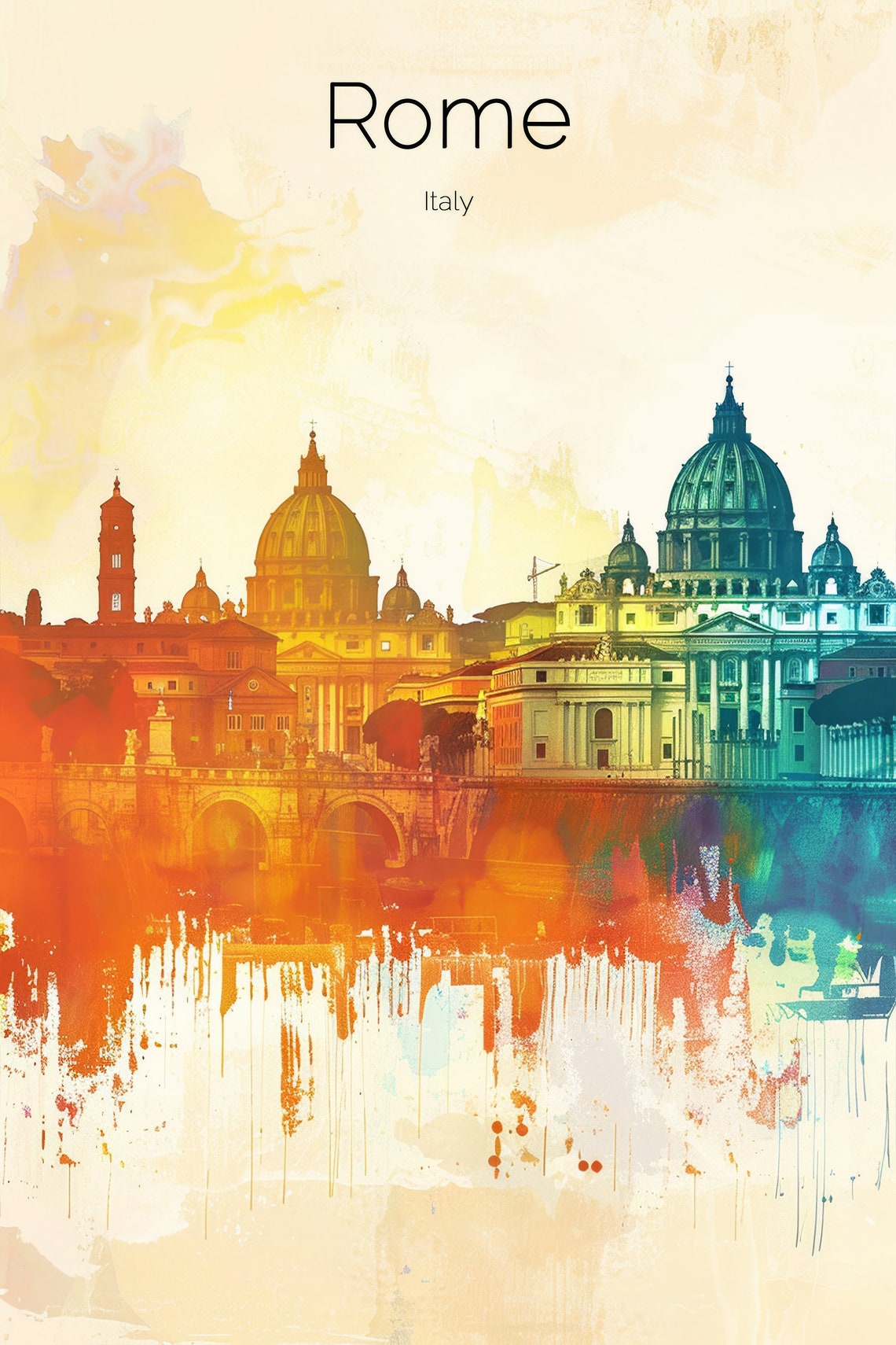 Rome Italy Watercolor Skyline St Peter Dome Vatican Sunset Poster - Image 2