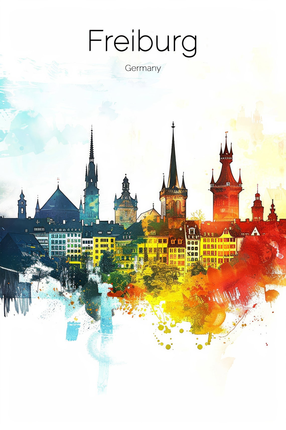 Freiburg Germany Watercolor Skyline Minster Sunset Warm Glow Poster - Image 2