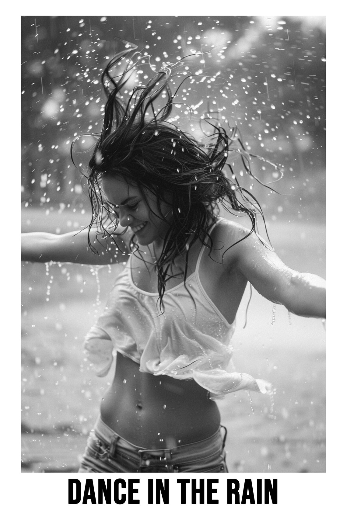 Joyful Woman Dancing In Rain Dance In The Rain Black White Poster - Image 2