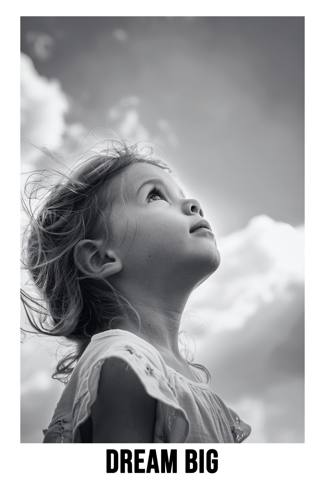 Young Girl Looking Up At Cloudy Sky Dream Big Black White Poster - Image 2