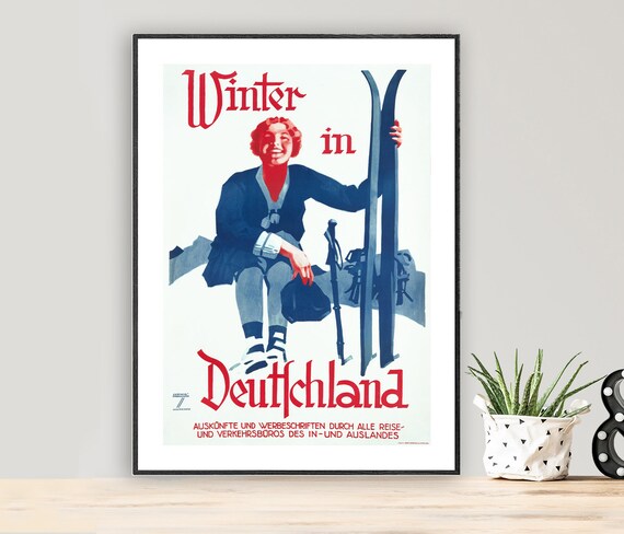 Winter in Deutschland Vintage German Skier Snow Travel Poster