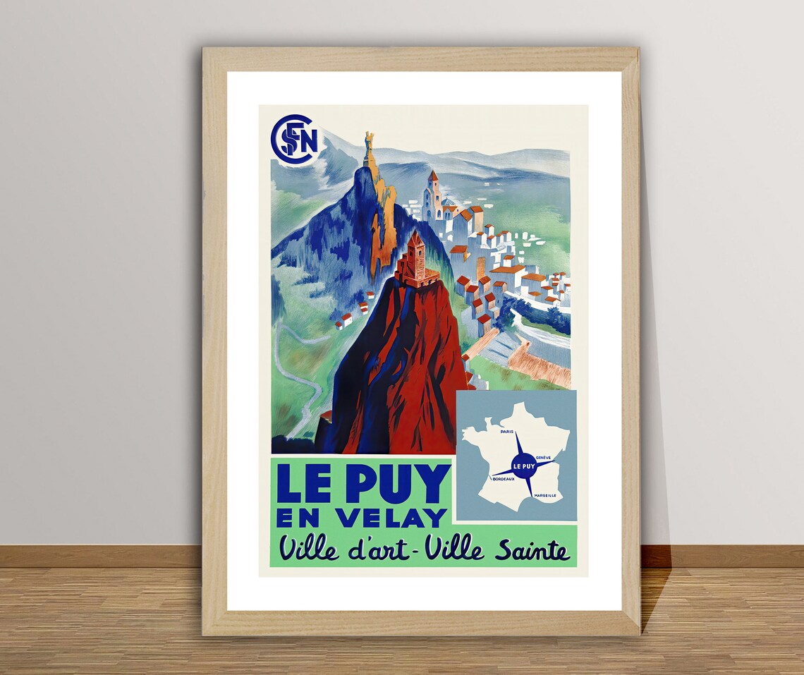 Le Puy En Velay SNCF Rock Chapel Map Art Deco French Travel Poster