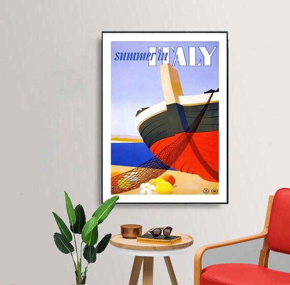 Summer In Italy Vintage Fishing Boat Lemon Coastal Art Poster
