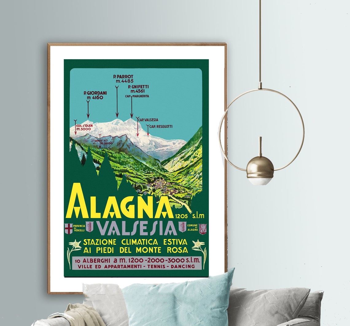Alagna Valsesia Monte Rosa Peaks Village Summer Resort Vintage Poster