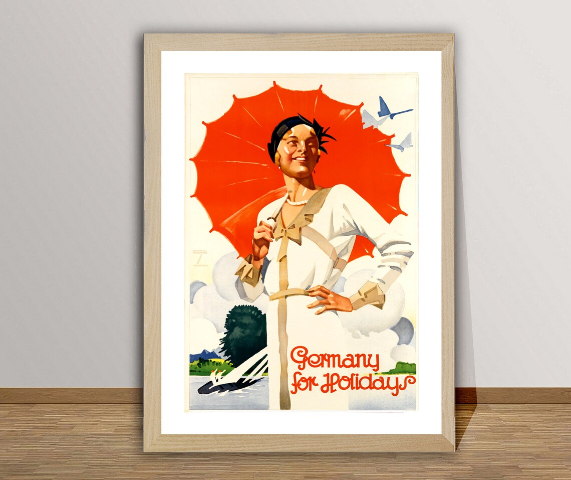 Germany For Holidays Woman Red Parasol Vintage German Travel Poster - Image 2