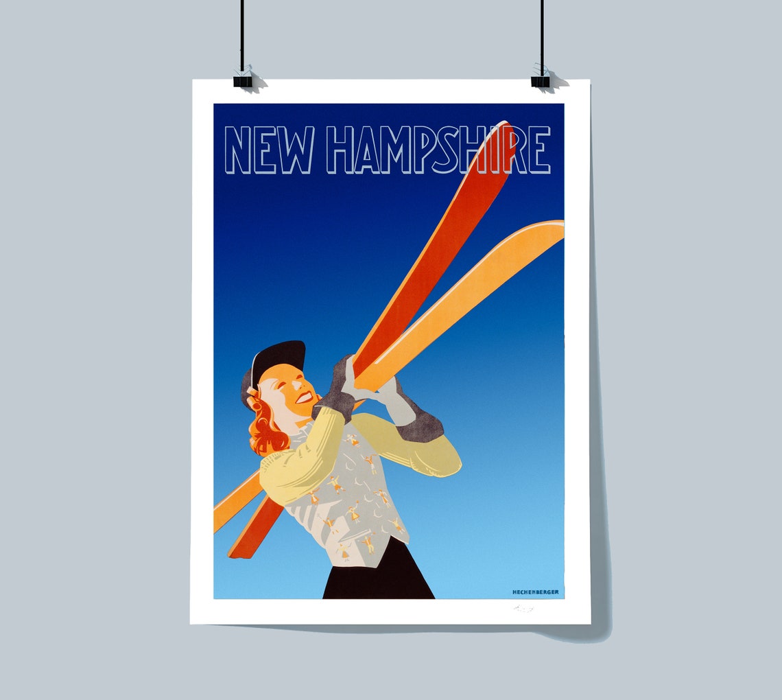 New Hampshire Lady Skier Red Hair Art Deco Vintage Ski Poster - Image 3
