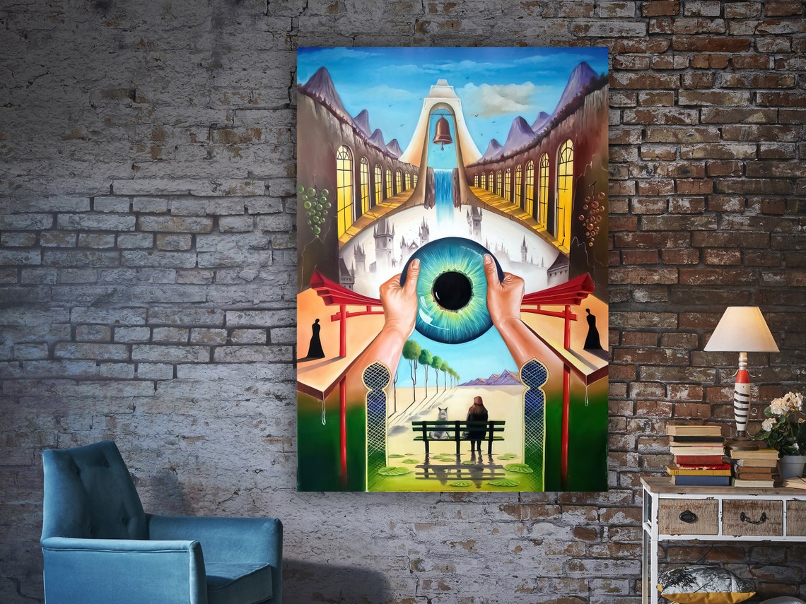 Surreal Giant Eye Held Between Hands Dreamlike Waterfall Scene Poster
