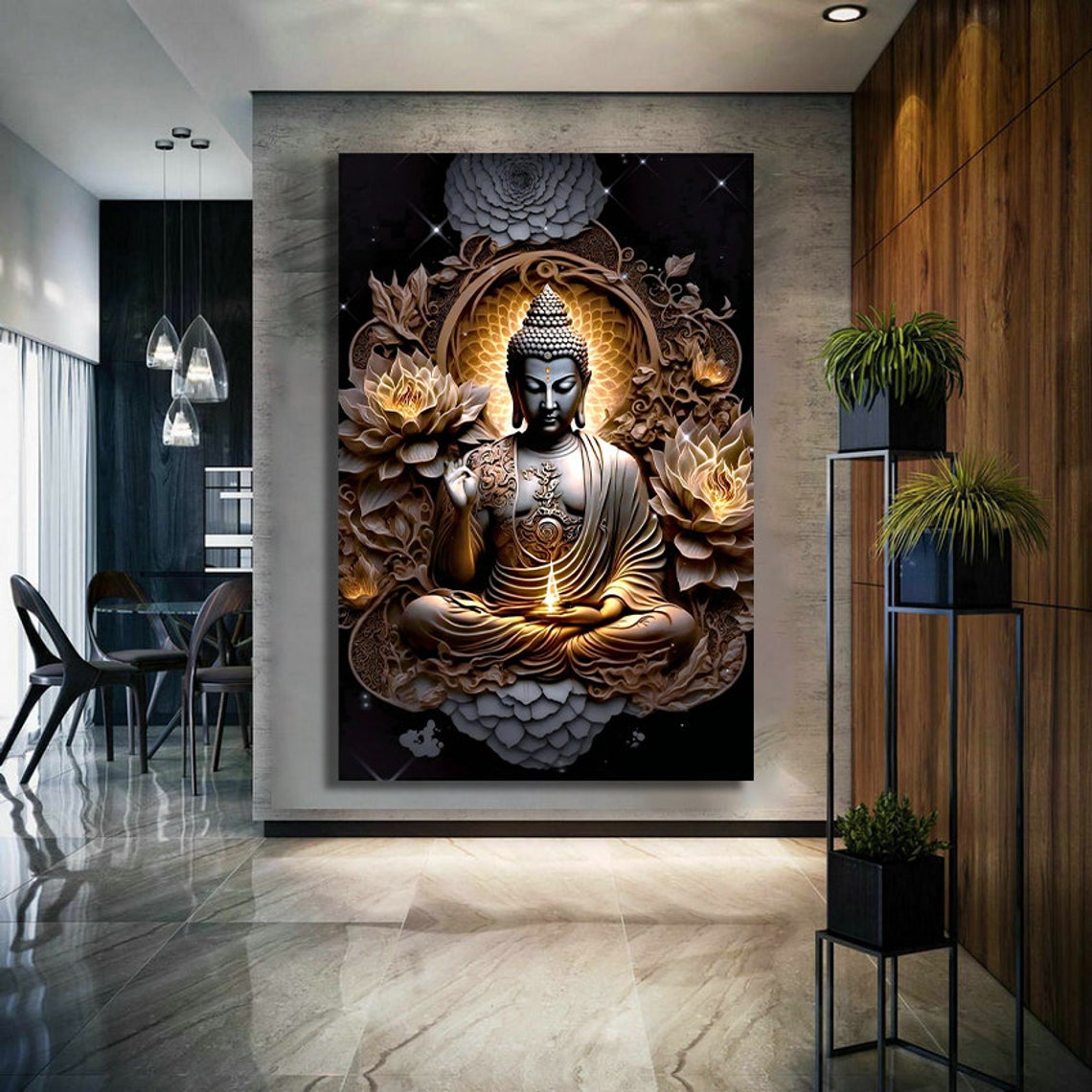 Black Gold Buddha Statue Lotus Flower Meditation Zen Wall Art Poster