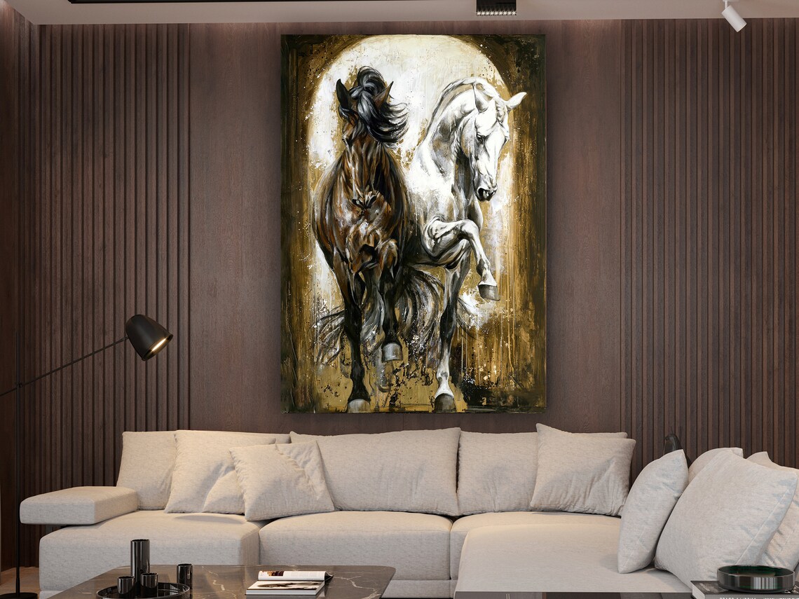 Two Horses Rearing Dark White Dramatic Equine Painting Golden Wall Art - Image 2