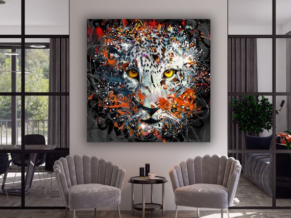 Leopard Graffiti Paint Splatter Wild Animal Portrait Wall Art