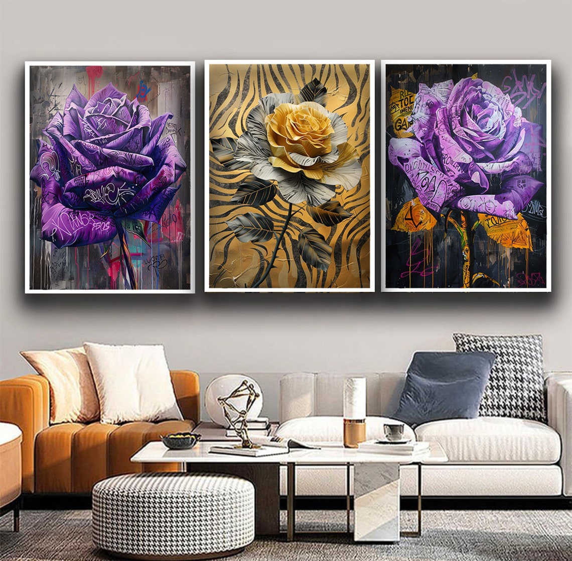 Purple Gold Graffiti Roses Trio Canvas Set Wall Decor Poster - Image 2