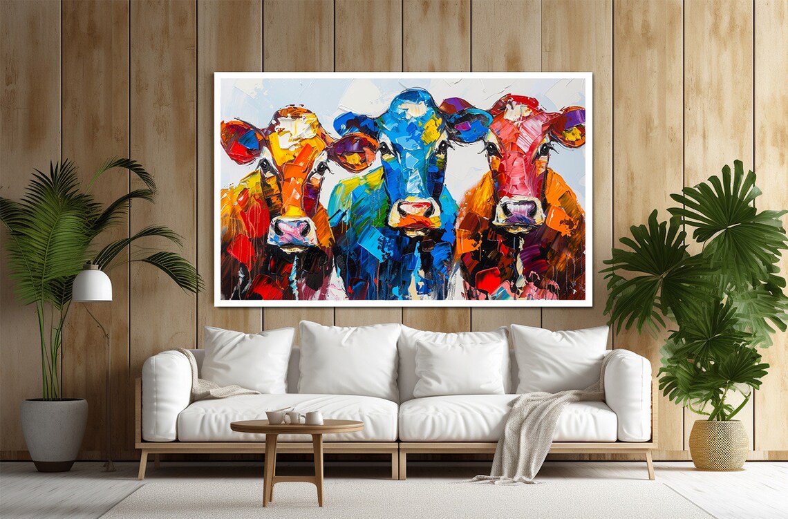 Three Colorful Cows Pop Art Painting Modern Farmhouse Wall Art - Image 2