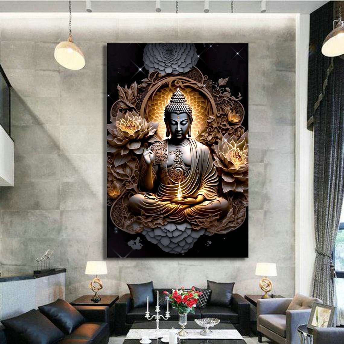 Black Gold Buddha Statue Lotus Flower Meditation Zen Wall Art Poster - Image 3