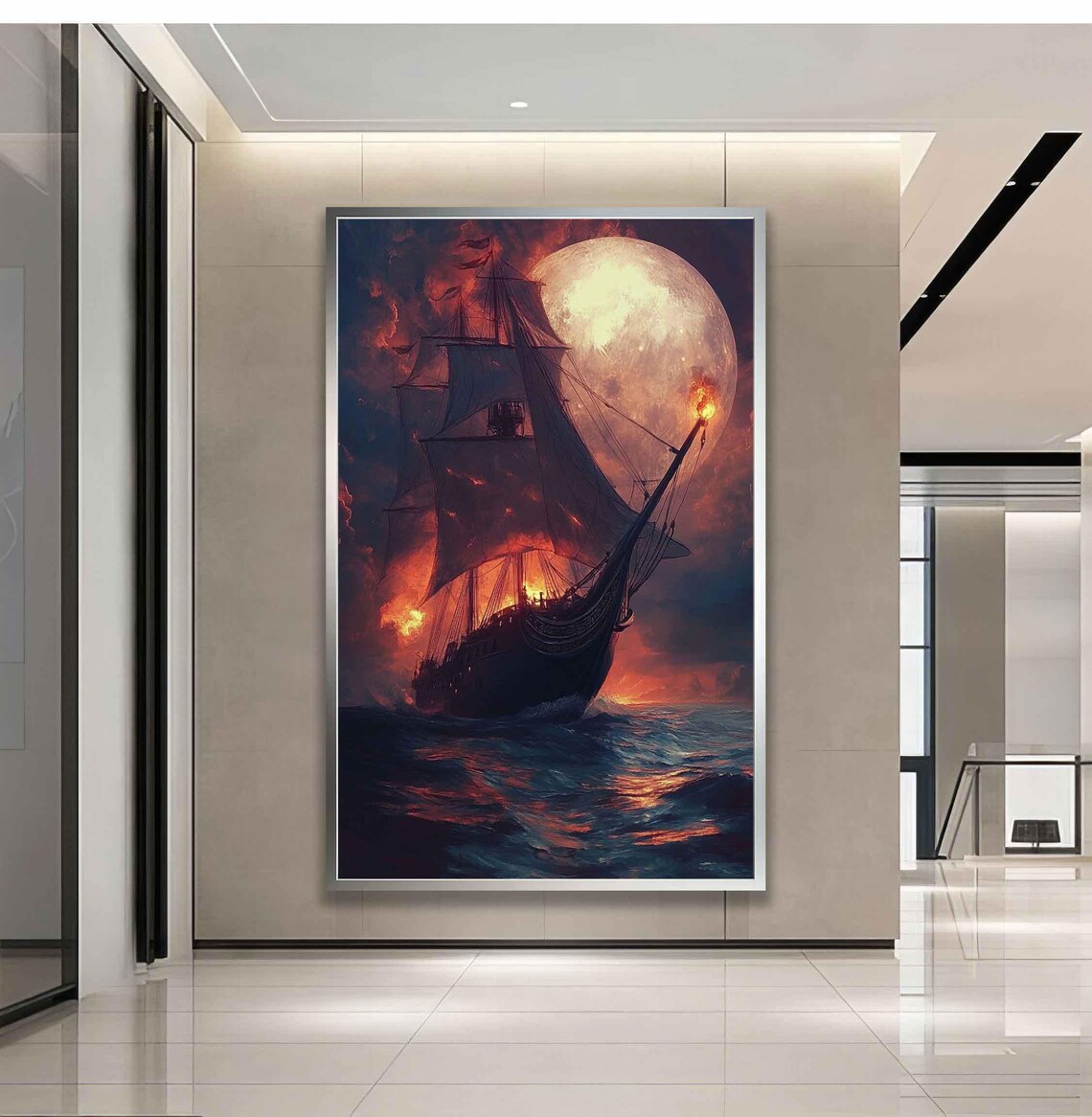 Ship On Full Moon - Pirate Ship Art Print - Image 3
