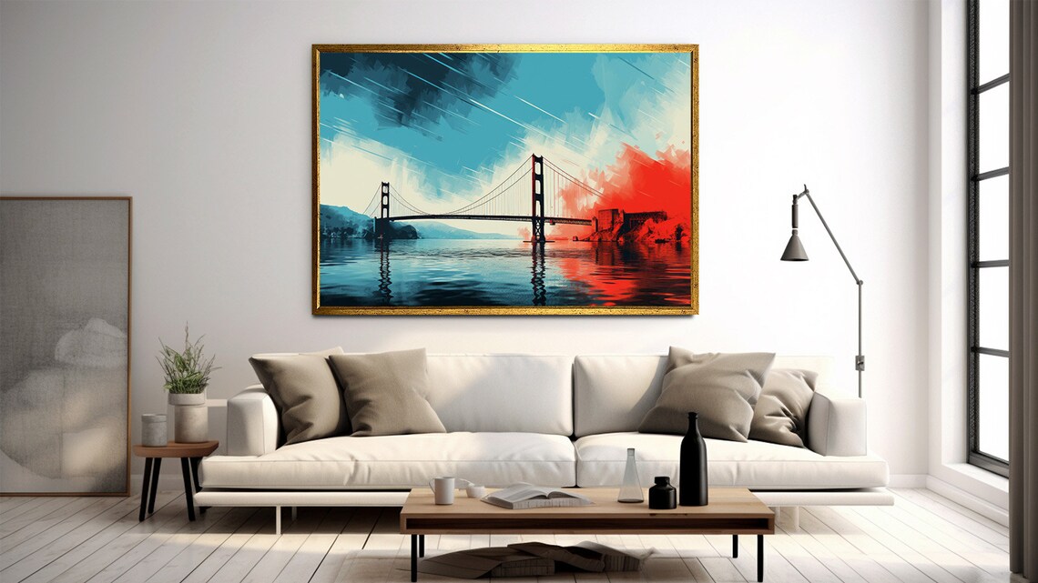 Golden Gate Bridge Stylized Painting Teal Red Sunset Water Poster - Image 2