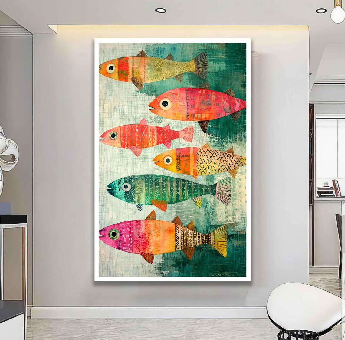 Six Colorful Patterned Fish Pop Art Painting Teal Green Wall Art - Image 2