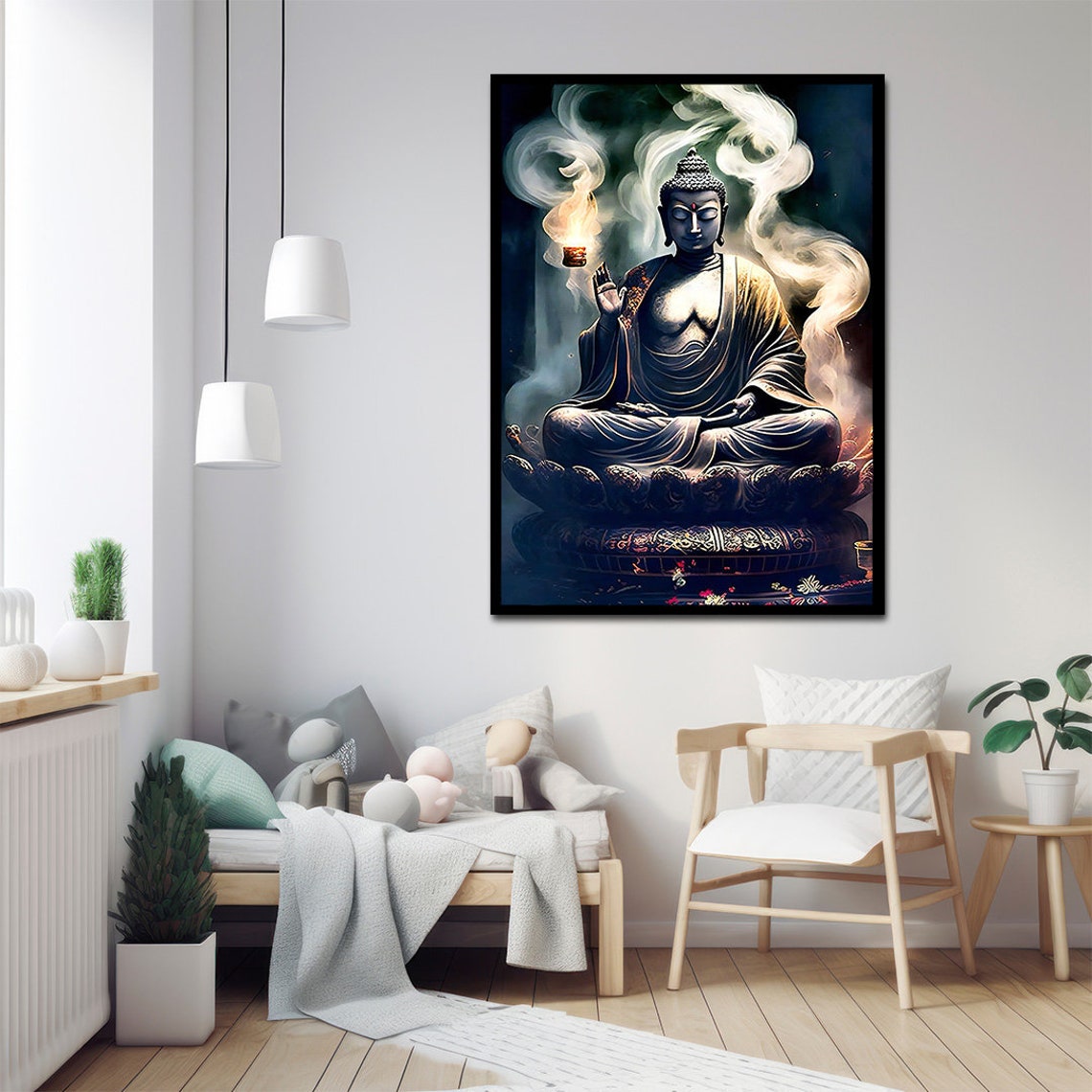 Dark Buddha Incense Smoke Lotus Throne Mystical Meditation Wall Art - Image 3