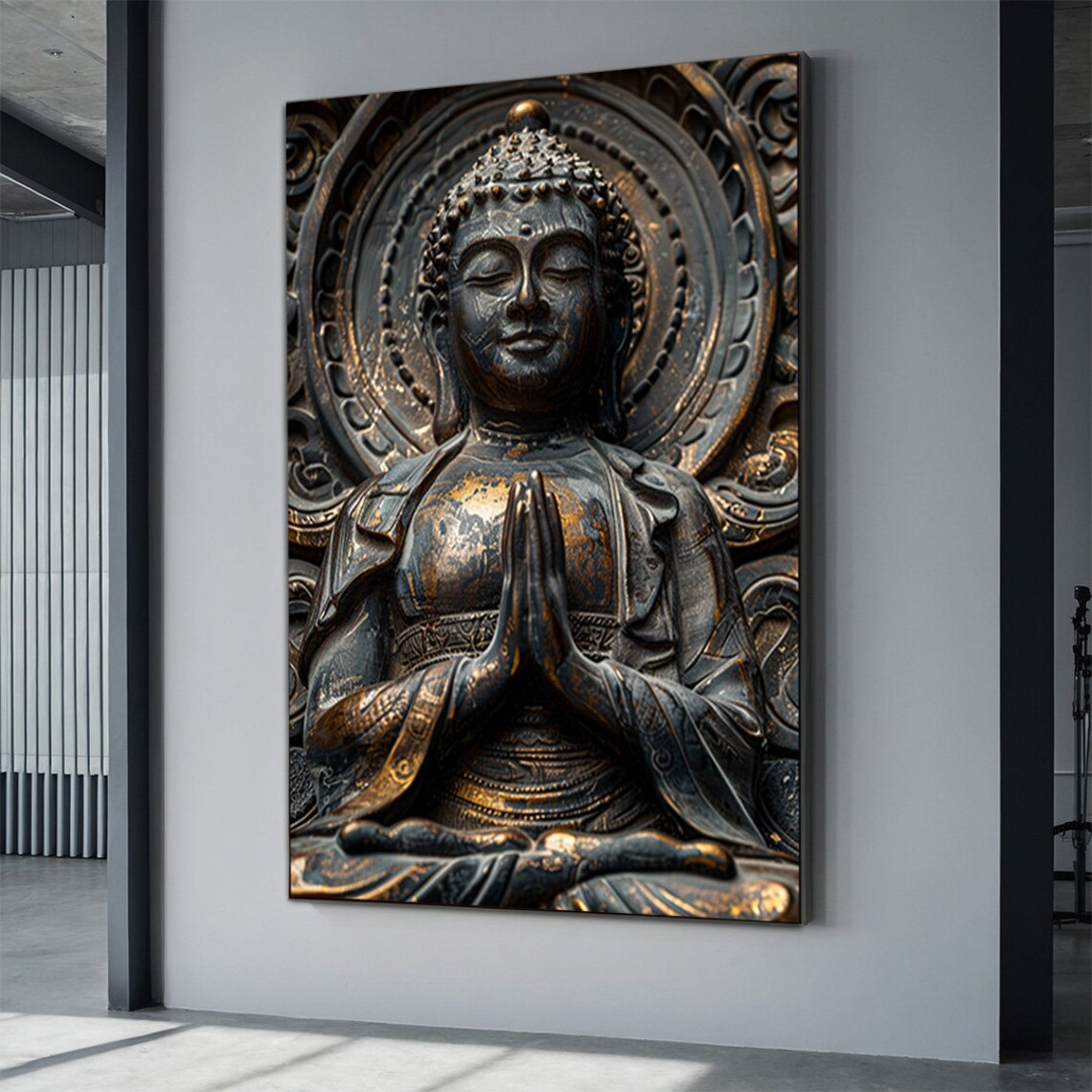 Bronze Buddha Praying Hands Ornate Halo Sculpture Serene Art Print