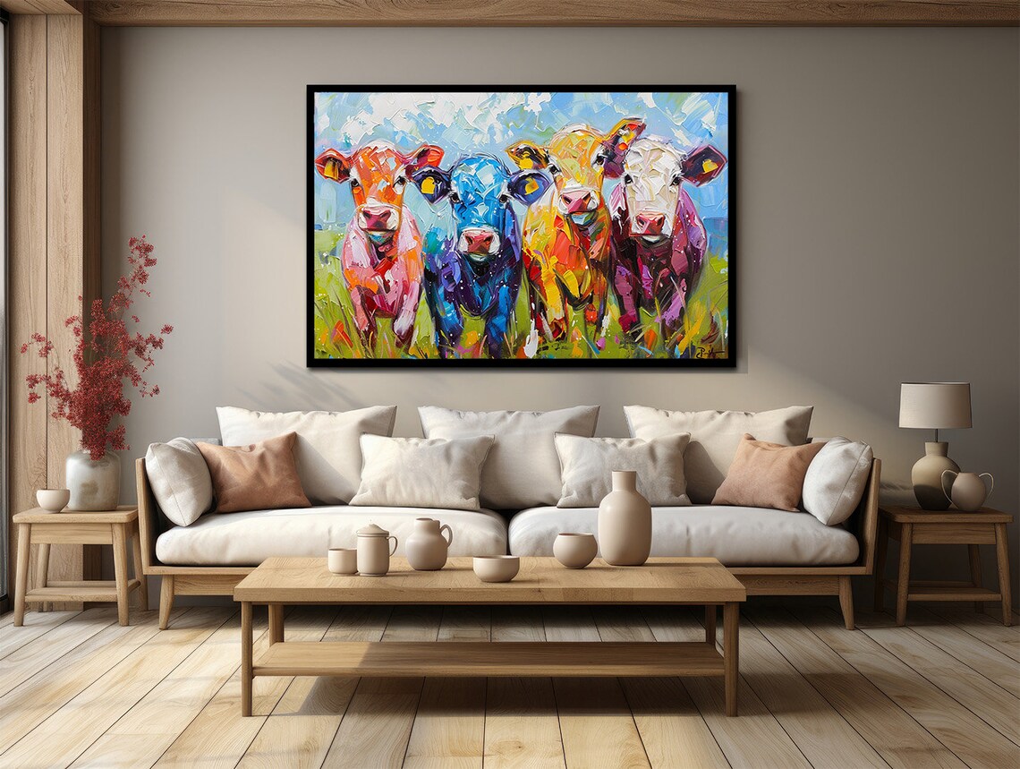 Colorful Cows Painting Four Happy Cows Pop Art Farm Animal Wall Decor - Image 2