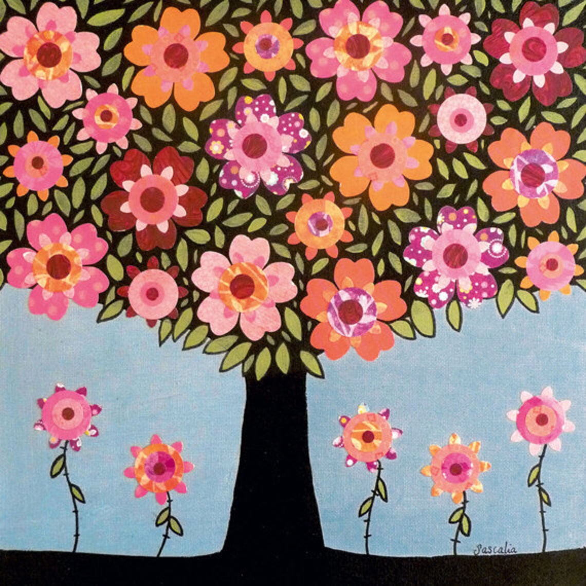 Pink Flower Tree Painting, Mixed Media Collage
