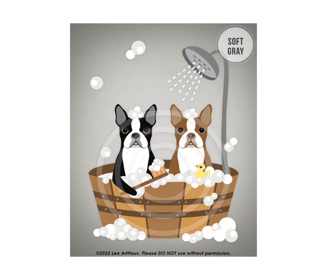 Two Boston Terriers Wooden Tub Bubble Bath Shower Bright Teal Poster - Image 3