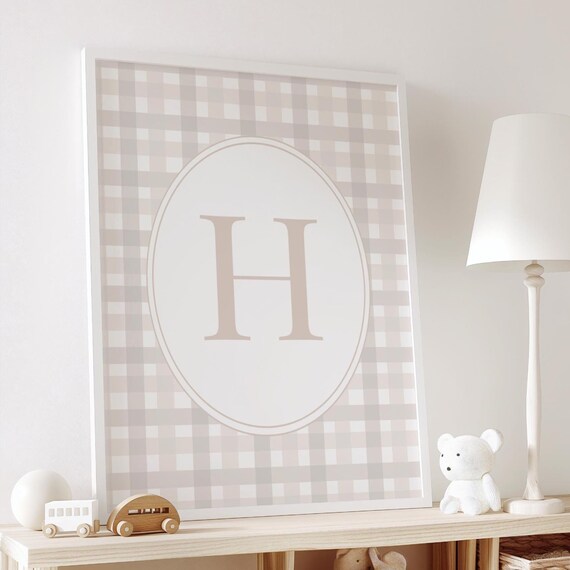 Beige Gingham Initial H Poster Neutral Personalized Baby Nursery Art