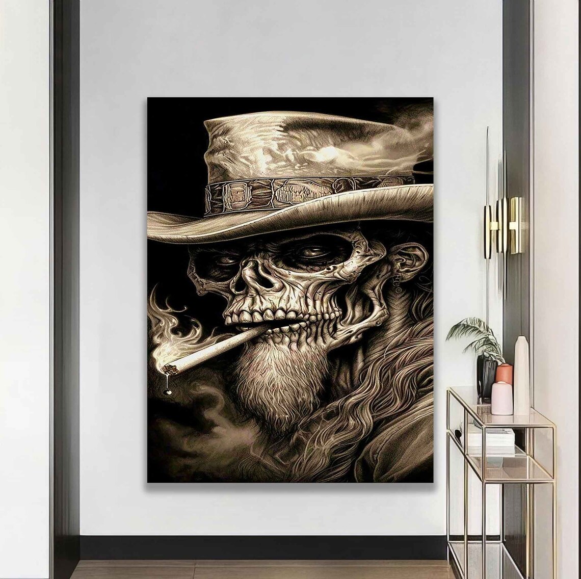 Cowboy Skull In Hat Smoking Sepia Tone Western Gothic Art Poster - Image 5