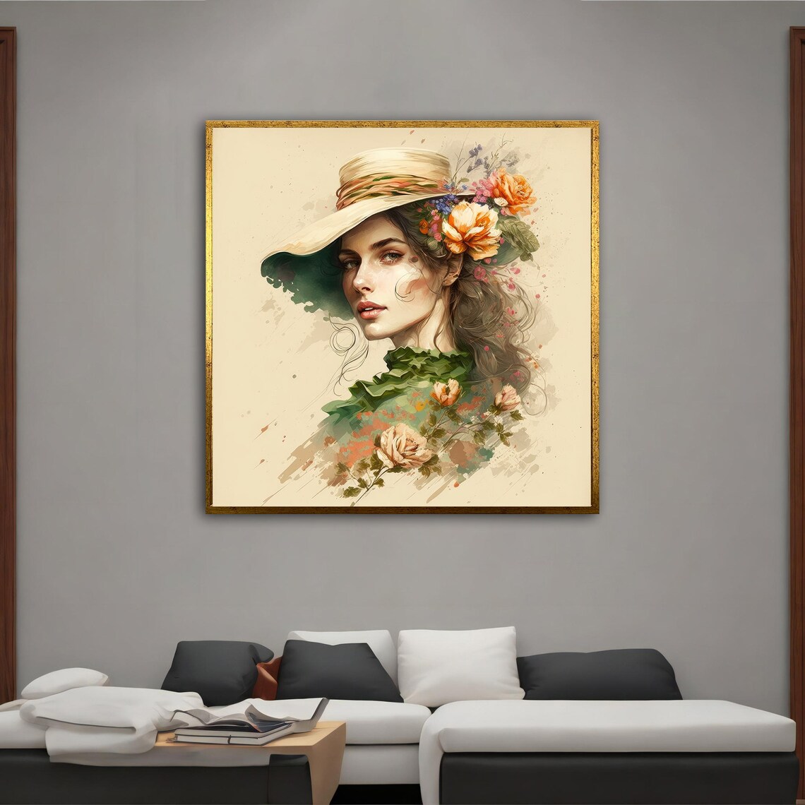 Elegant Woman In Straw Hat With Flowers Watercolor Style Art Poster - Image 3