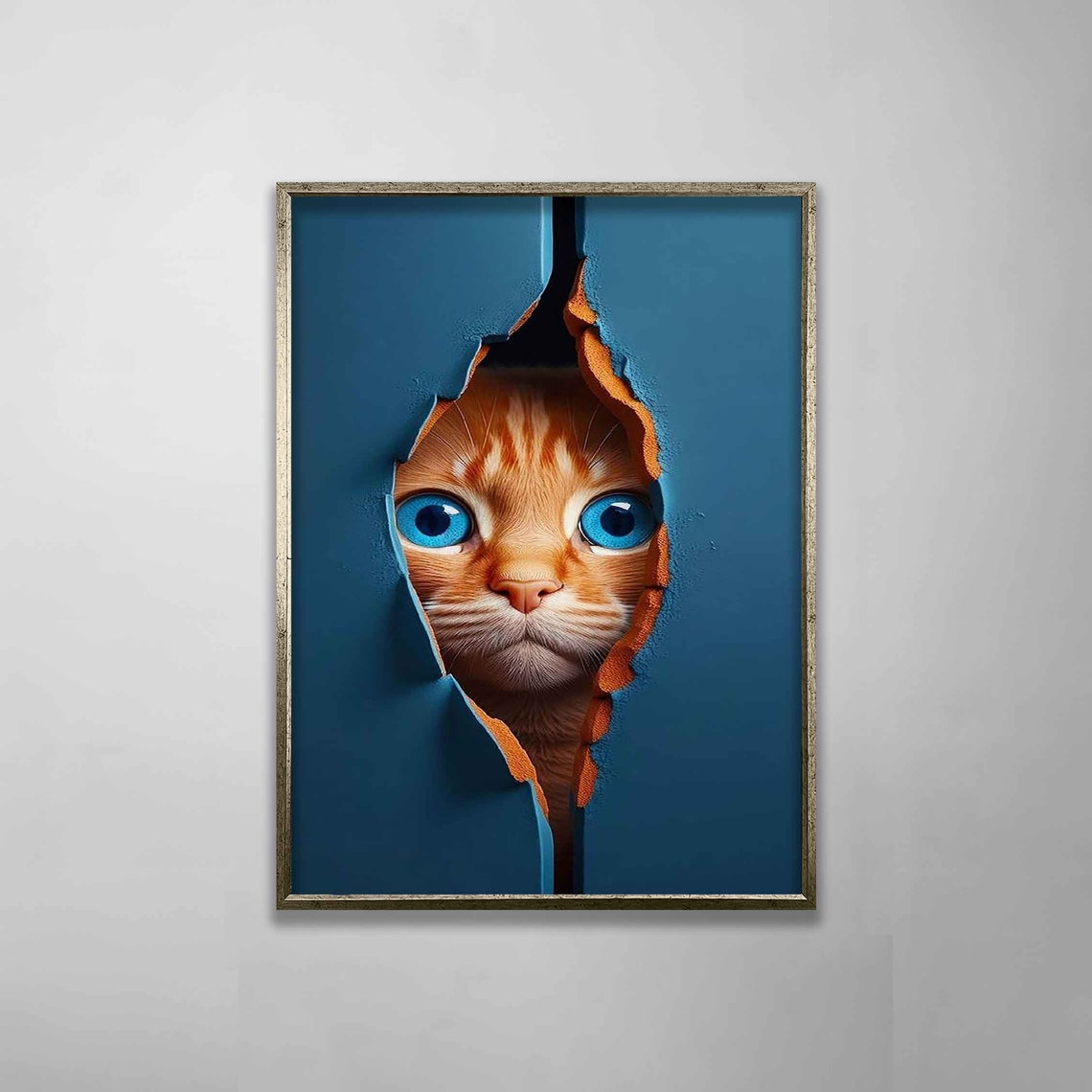 Orange Tabby Cat Blue Eyes Peeking Through Torn Wall Illusion Poster - Image 2