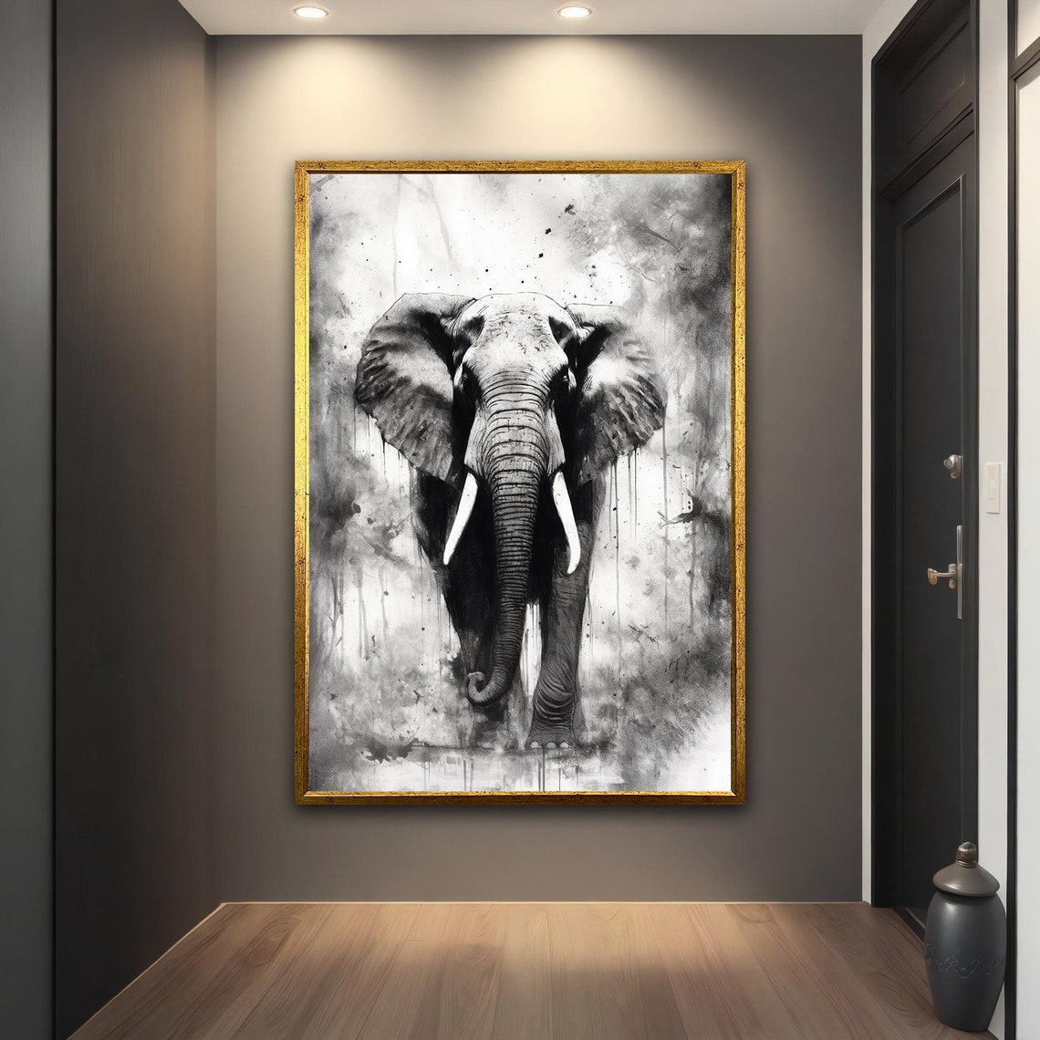 Black And White Elephant Front View Watercolor Style Art Poster - Image 3