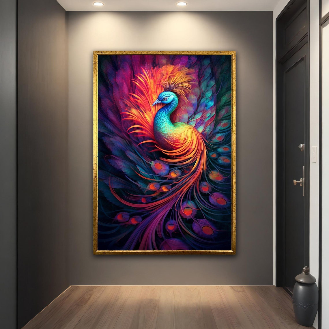Neon Multicolor Peacock Dark Background Exotic Wall Art Poster - Image 4