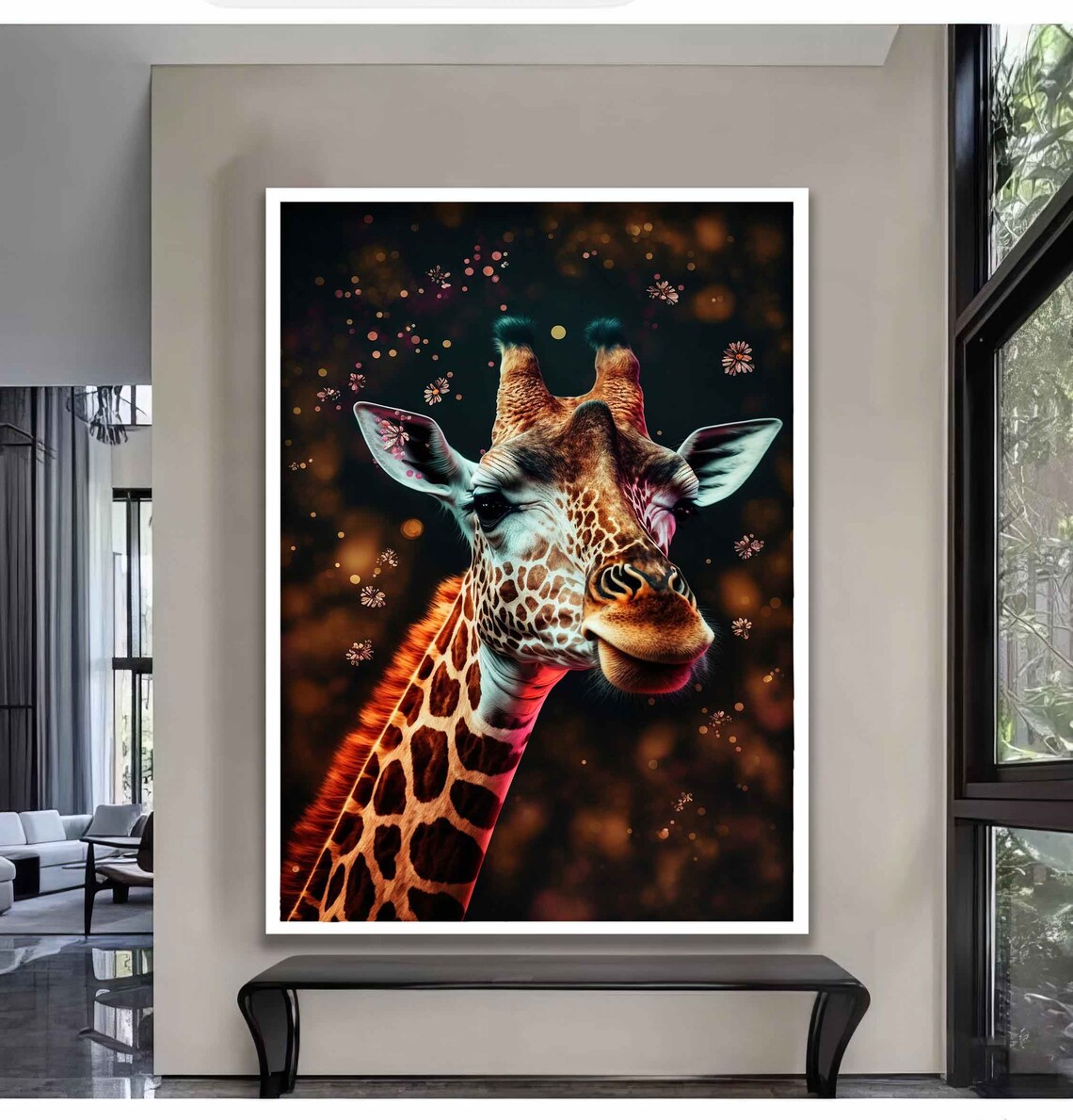Giraffe Portrait Dark Background Golden Bokeh Wildlife Animal Art Poster - Image 2