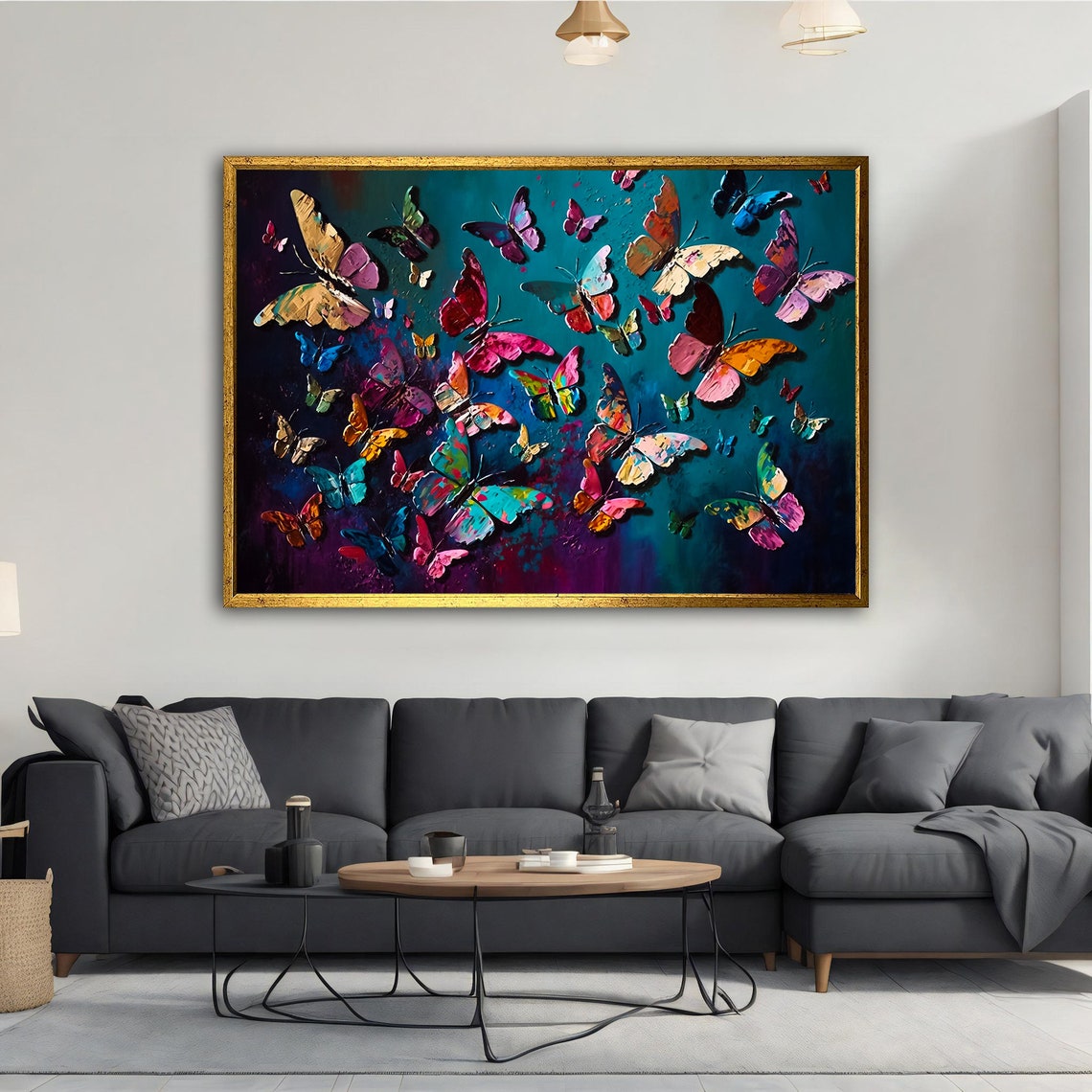 Colorful Butterflies Swarm Teal Background Nature Wall Art Poster - Image 2