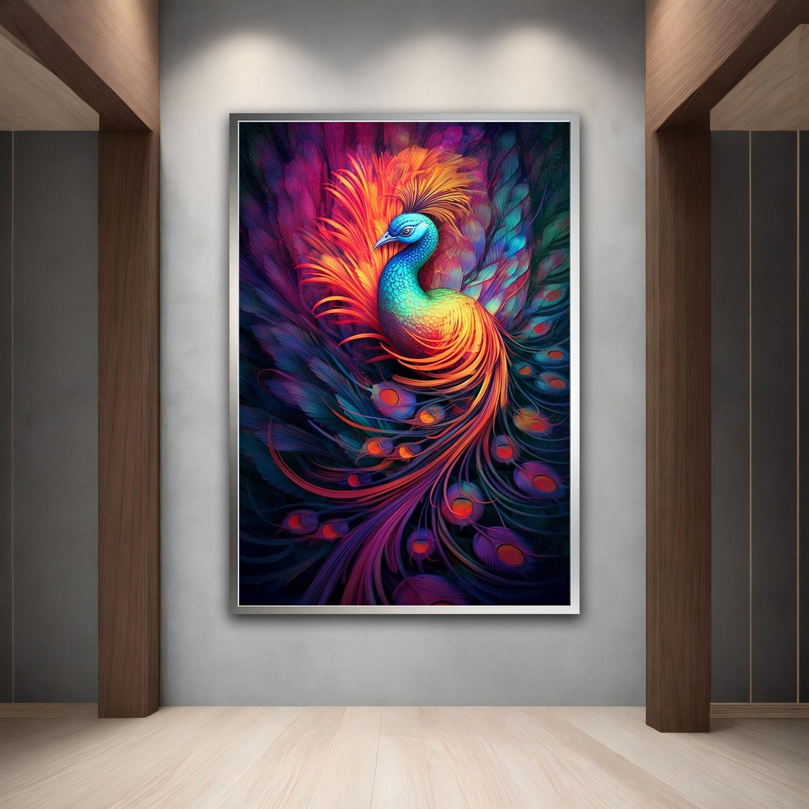 Neon Multicolor Peacock Dark Background Exotic Wall Art Poster - Image 5