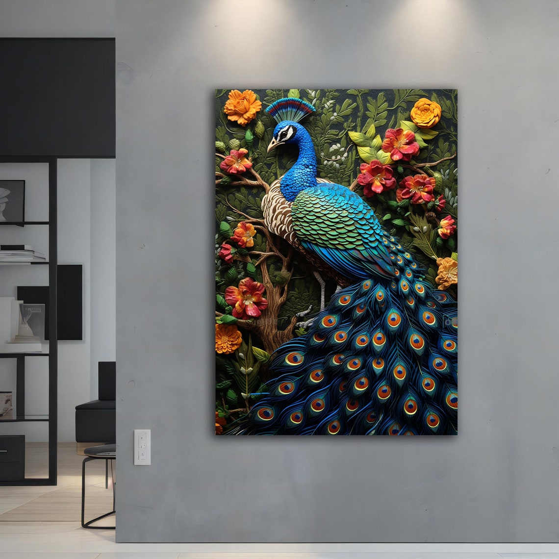 Peacock 3D Relief Style Flower Garden Vibrant Wall Art Poster - Image 3