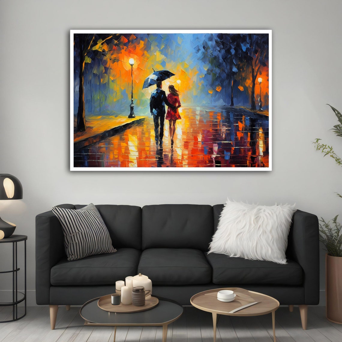Couple Under Umbrella Rainy Night Street Impressionist Art Poster - Image 4