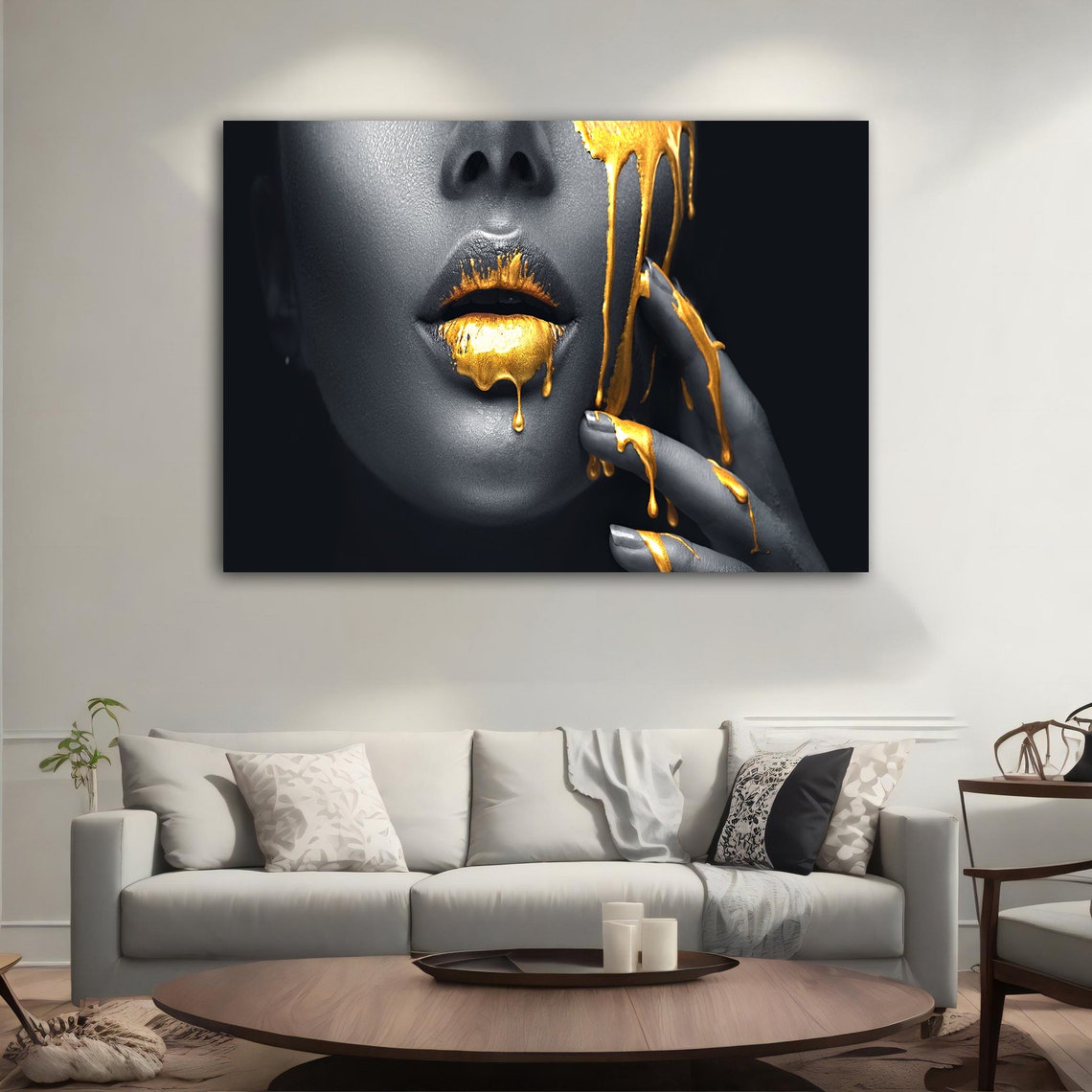 Gold Dripping Lips Black White Portrait Luxury Fashion Wall Art Poster - Image 4