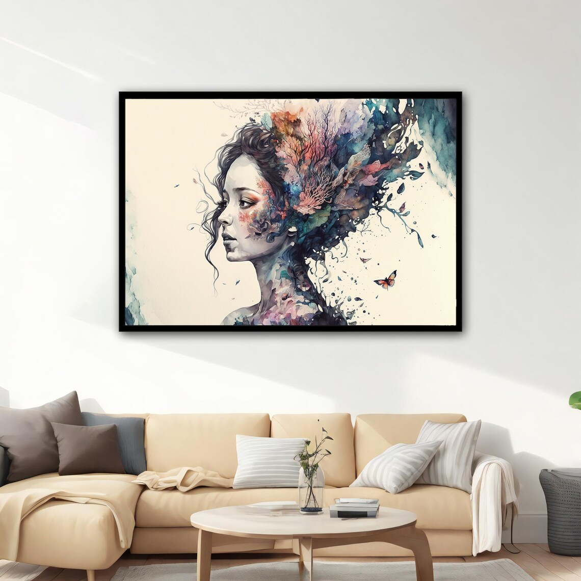 Watercolor Woman Coral Hair Sea Botanical Profile Dreamy Wall Art Poster - Image 5