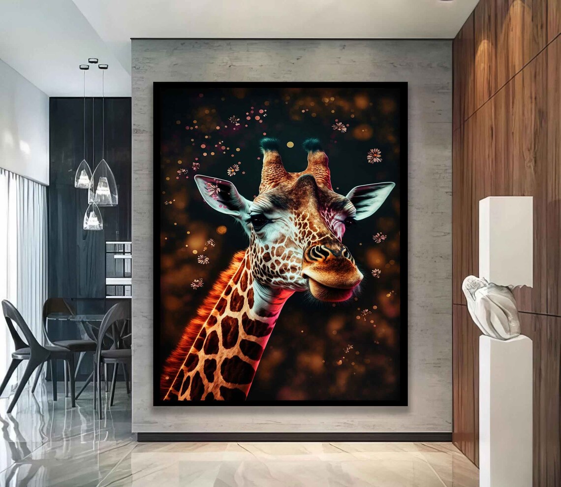 Giraffe Portrait Dark Background Golden Bokeh Wildlife Animal Art Poster - Image 4