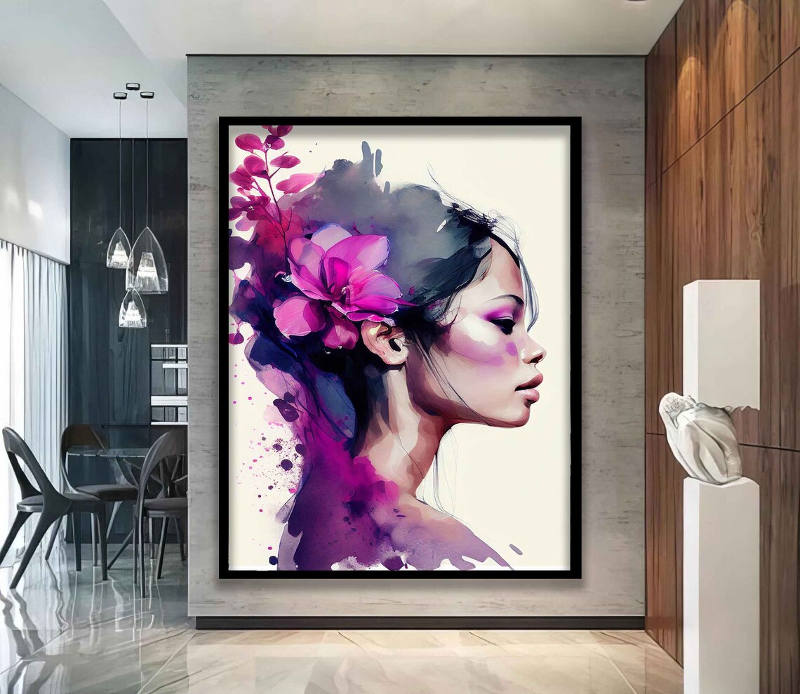 Purple Watercolor Woman Profile Pink Orchid Floral Art Wall Poster - Image 4