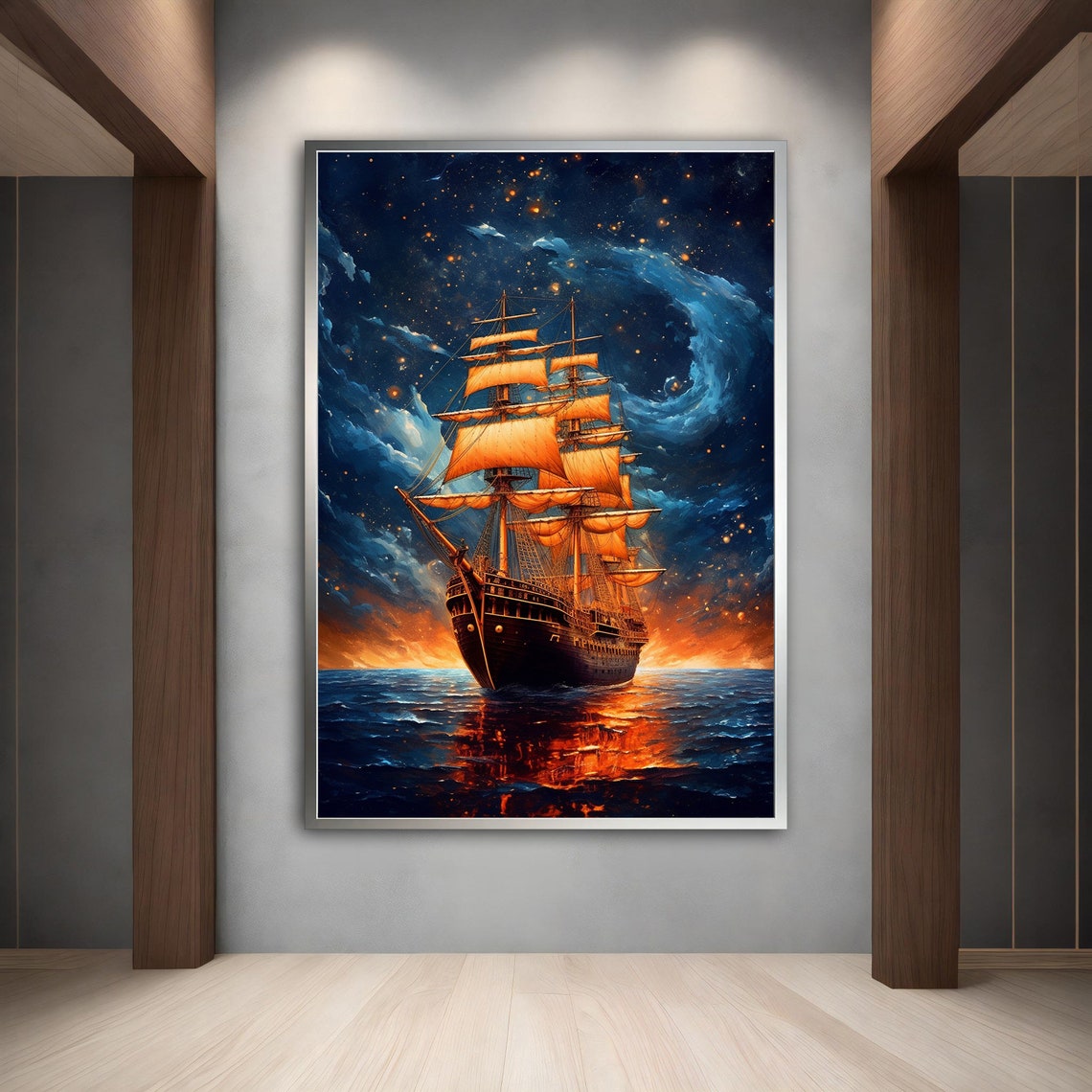 Tall Ship Glowing Orange Sails Swirling Starry Night Sky Ocean Poster - Image 5
