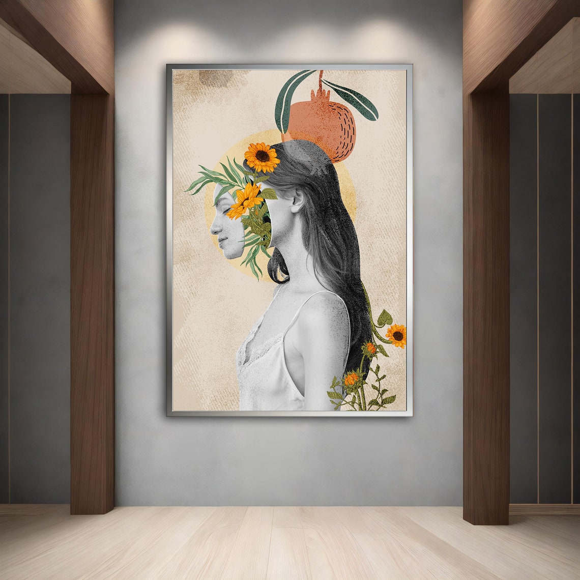 Woman Sunflower Face Floral Collage Pomegranate Botanical Art Poster - Image 2