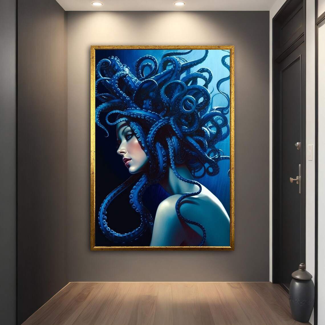 Blue Octopus Hair Woman Surreal Ocean Beauty Deep Blue Art Poster - Image 3