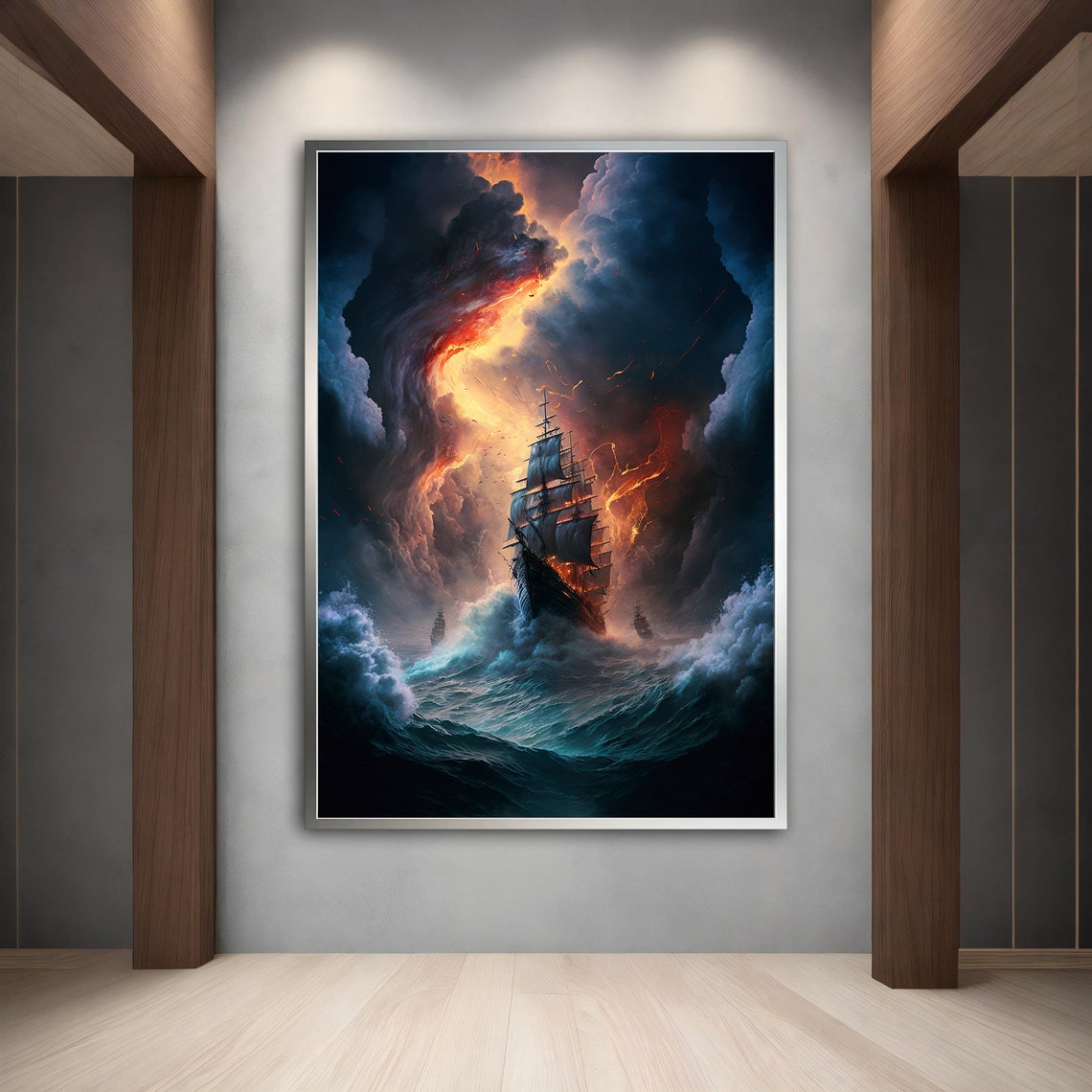 Tall Ship Stormy Sea Fiery Sky Dramatic Ocean Battle Waves Art Poster - Image 5